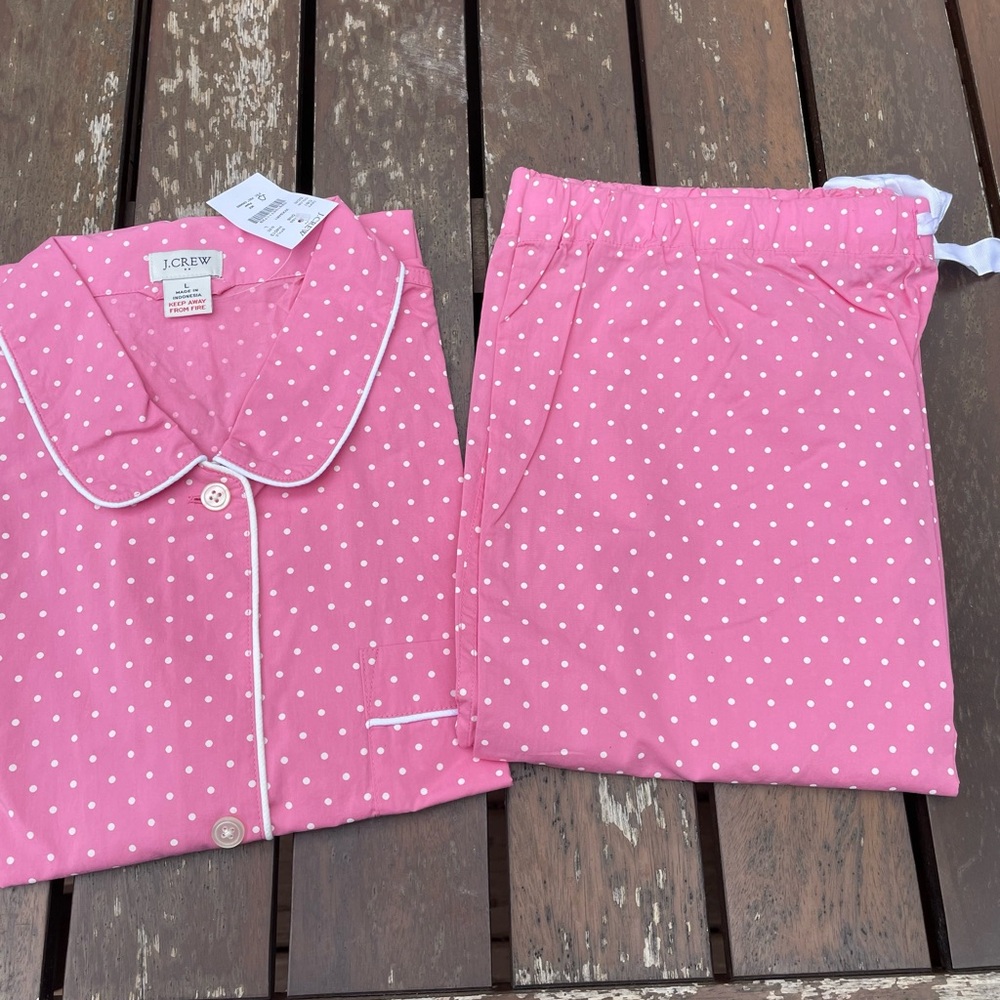 J. Crew Pink Polka Dot womens Pajama Set with White Piping large